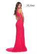 Picture of: Stretch Lace Gown with Slit and Open Keyhole Back in Hot Coral, Style: 29978, Detail Picture 4