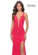 Picture of: Stretch Lace Gown with Slit and Open Keyhole Back in Hot Coral, Style: 29978, Detail Picture 5