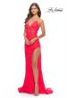 Picture of: Rhinestone Lace Embellished Prom Dress with High Side Slit in Bright Colors in Hot Coral, Style: 31404, Detail Picture 7