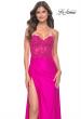 Picture of: Neon Ruched Jersey Skirt with Lace Illusion Top and Rhinestone Prom Dress in Hot Fuchsia, Style: 32329, Main Picture