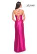 Picture of: Neon Stretch Satin Gown with Bustier Top and Lace Up Back in Hot Fuchsia, Style: 32262, Back Picture