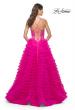 Picture of: Neon Ruffle Tulle Prom Gown with Illusion Lace Bodice and High Slit in Hot Fuchsia, Style: 32334, Back Picture