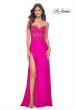 Picture of: Neon Ruched Jersey Skirt with Lace Illusion Top and Rhinestone Prom Dress in Hot Fuchsia, Style: 32329, Detail Picture 1