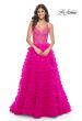 Picture of: Neon Ruffle Tulle Prom Gown with Illusion Lace Bodice and High Slit in Hot Fuchsia, Style: 32334, Detail Picture 1