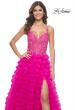 Picture of: Neon Ruffle Tulle Prom Gown with Illusion Lace Bodice and High Slit in Hot Fuchsia, Style: 32334, Detail Picture 2