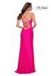 Picture of: Neon Pink Jersey Gown with Knot Waist and Lace Up Back in Hot Pink, Style 29870, Back Picture