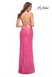 Picture of: Hot Pink Draped Slit Long Sequin Gown with Lace Up Back in Pink, Style: 30624, Back Picture