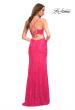 Picture of: Hot Pink Stretch Lace Prom Dress with Deep V Neckline in Pink, Style: 30686, Back Picture