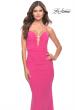 Picture of: Net Jersey Gown with Jeweled Detail in Deep V Neckline in Neon in Hot Pink, Style: 31424, Detail Picture 5