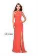 Picture of: Long Jersey Prom Dress with Ruffle Detail and Slit in Hot Coral, Style: 25971, Back Picture