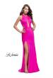 Picture of: Satin Prom Gown with High Neck and Side Cut Outs in Hot Pink, Style: 26005, Main Picture