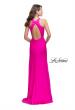 Picture of: Satin Prom Gown with High Neck and Side Cut Outs in Hot Pink, Style: 26005, Back Picture