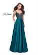 Picture of: Long Satin Dress with A Line Skirt and Beaded Top in Hunter Green, Style: 25348, Detail Picture 1