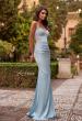 Picture of: Illusion Lace Side Satin Gown with Lace-Up Back in Ice Blue, Style: 33697, Detail Picture 1