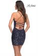 Picture of: Print Sequin Short Dress with Open Lace Up Back in Indigo, Back Picture