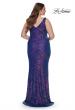 Picture of: Unique Stretch Sequin Plus Gown with V Neckline in Indigo, Style: 32199, Back Picture