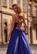 Picture of: A-Line Satin Gown with Draped Bodice, Slit, and Lace-Up Back in Indigo, Style: 33373, Detail Picture 10