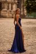 Picture of: Strapless Chic Metallic Jersey Dress with Draped Slit in Indigo , Style 32830, Back Picture