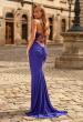 Picture of: Rhinestone Lace Jersey Gown with Ruched Back and Crisscross Straps in Indigo, Style: 33504, Back Picture