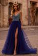 Picture of: A-line Tulle Gown with Draped Mesh Rhinestone Bodice in Indigo , Style: 32838, Detail Picture 1