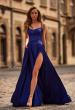Picture of: A-Line Satin Gown with Draped Bodice, Slit, and Lace-Up Back in Indigo, Style: 33373, Detail Picture 1