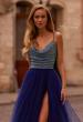 Picture of: A-line Tulle Gown with Draped Mesh Rhinestone Bodice in Indigo , Style: 32838, Detail Picture 2