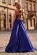 Picture of: A-Line Satin Gown with Draped Bodice, Slit, and Lace-Up Back in Indigo, Style: 33373, Detail Picture 2