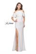 Picture of: Long Jersey Prom Dress with Off the Shoulder Ruffle Detail in Ivory, Style: 25556, Back Picture