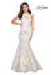 Picture of: Long Floral Mermaid Prom Dress with High Neckline in Ivory/Silver, Style: 27796, Back Picture