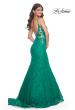 Picture of: Jewel Tone Long Mermaid Lace Dress with Back Rhinestone Detail in Jade, Style: 32315, Back Picture