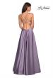 Picture of: Long Satin Formal Gown with Leg Slit and Strappy Back in Lavender Gray, Style: 26994, Back Picture