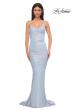 Picture of: Ruched Long Metallic Gown with Low Back and Criss Cross Straps in Light Blue, Style 32973, Main Picture