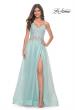 Picture of: A-Line Prom Gown with Ruched Bodice and Rhinestone Belt Detail in Light Blue, Style: 32117, Detail Picture 1