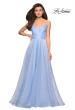 Picture of: Long Metallic Chiffon Dress with Ruching and V Back in Light Blue, Style: 27616, Detail Picture 2