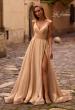 Picture of: Stunning Metallic Chiffon Gown with Ruched Bodice and Slit in Light Gold, Style: 32864, Main Picture