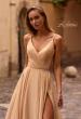 Picture of: Stunning Metallic Chiffon Gown with Ruched Bodice and Slit in Light Gold, Style: 32864, Detail Picture 1