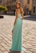Picture of: Lace Bodice Gown with Ruched Skirt and High Slit in Light Mint, Style: 33661, Back Picture