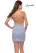 Picture of: Stretch Lace Fitted Mini Dress with Slit in Light Periwinkle, Style: 30928, Detail Picture 9
