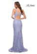 Picture of: Fitted Stretch Lace Gown with Deep V and Beading in Light Periwinkle, Style 29977, Back Picture