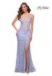 Picture of: Fitted Stretch Lace Gown with Deep V and Beading in Light Periwinkle, Style 29977, Detail Picture 1