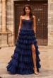 Picture of: Strapless Tiered Ruffle Tulle Gown with Slit in Marine Blue, Style: 33727, Main Picture