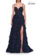 Picture of: Tiered Lace A-Line Gown with Corset Bodice and Slit in Marine Blue, Style: 33525, Detail Picture 12