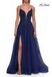 Picture of: Floral Beaded Tulle Gown with Slit and Lace-Up Back in Marine Blue, Style: 33716, Detail Picture 17
