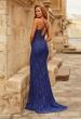 Picture of: Lace Embellished Gown with Spaghetti Straps and High Slit in Marine Blue, Style: 33473, Detail Picture 1