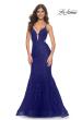 Picture of: Lace and Tulle Mermaid Gown with Side Cut Outs in Jewel Tones in Marine Blue, Style 31132, Detail Picture 7
