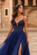 Picture of: Rhinestone Lace A-Line Gown with Sheer Bodice and Slit in Marine Blue, Style: 33674, Detail Picture 5