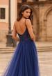 Picture of: Rhinestone Lace A-Line Gown with Sheer Bodice and Slit in Marine Blue, Style: 33674, Detail Picture 6