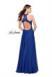 Picture of: Long A line Chiffon Dress with High Neck Lace Up Top in Marine Blue, Style: 25355, Back Picture