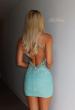 Picture of: Embellished Open-Back Ruched Mini Dress in Mermaid Green, Style 33928, Back Picture