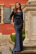 Picture of: Satin Three Quarter Sleeve Draped Evening Gown in Midnight, Style: 33408, Main Picture